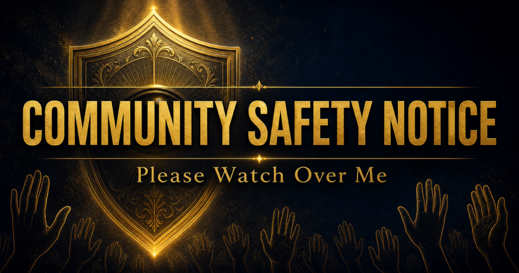 Community Safety Notice - gold shield emblem with community hands on dark navy background