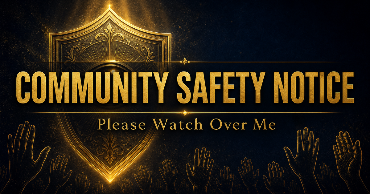 Community Safety Notice - gold shield emblem with community hands on dark navy background