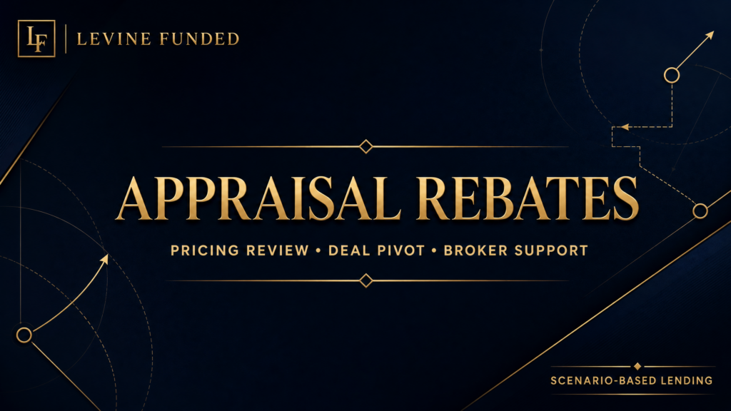 Dark navy and gold Levine Funded card about appraisal rebates, lender pricing review, and broker support