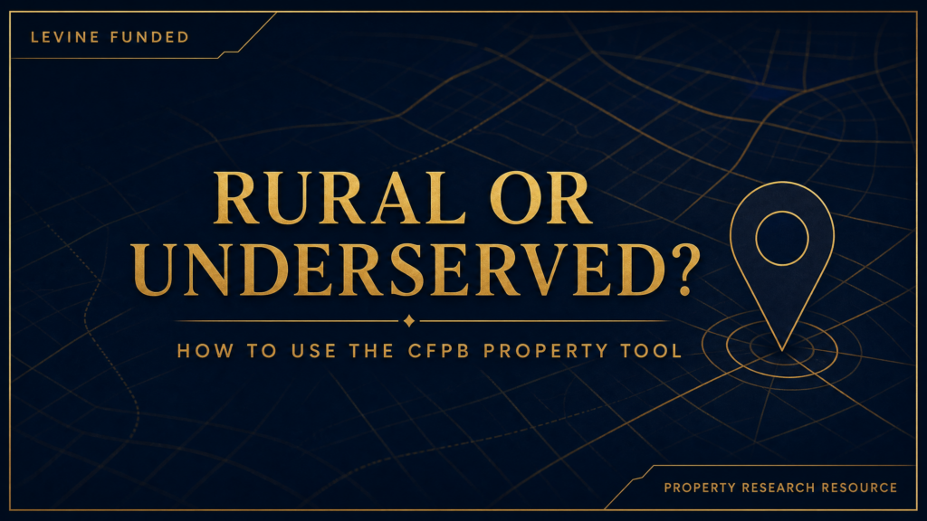 A dark navy and gold property research resource card displaying the CFPB Rural or Underserved Areas tool for real estate investors.