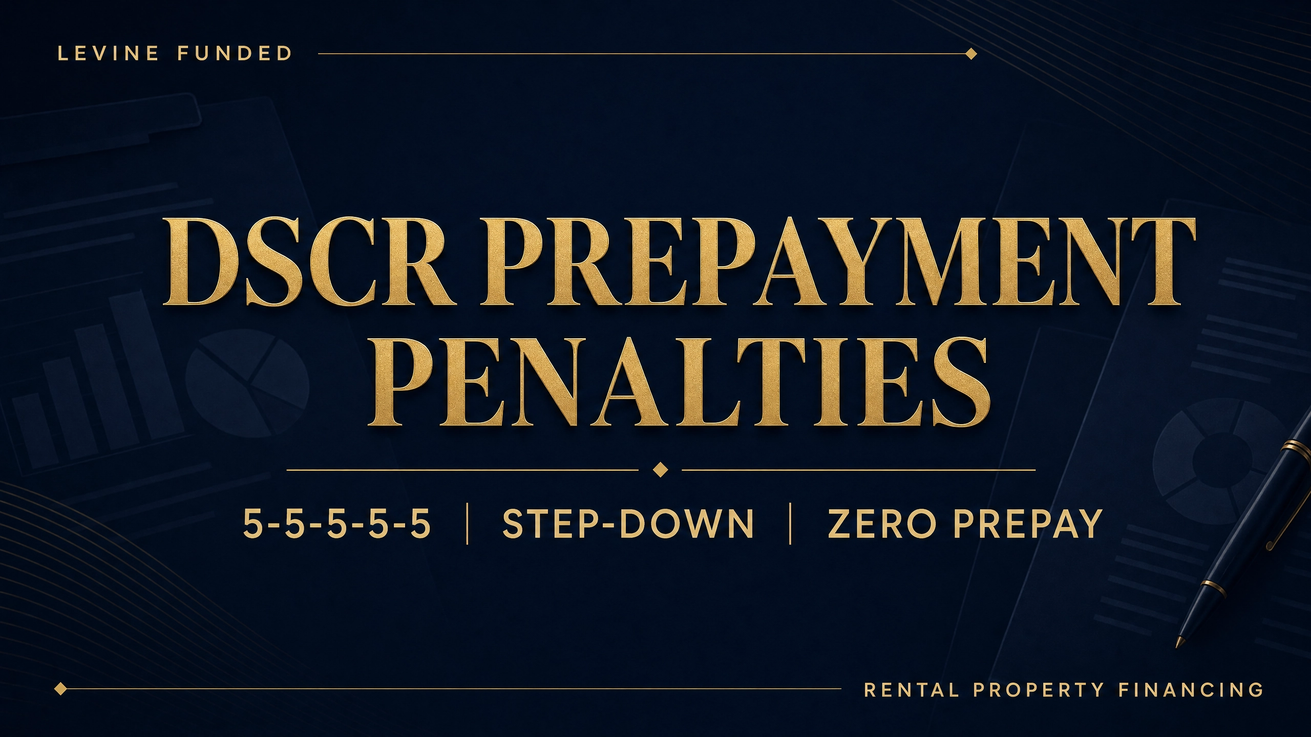 A dark navy and gold DSCR prepayment penalty card illustrating the 5-5-5-5-5 and step-down structures for real estate investors.