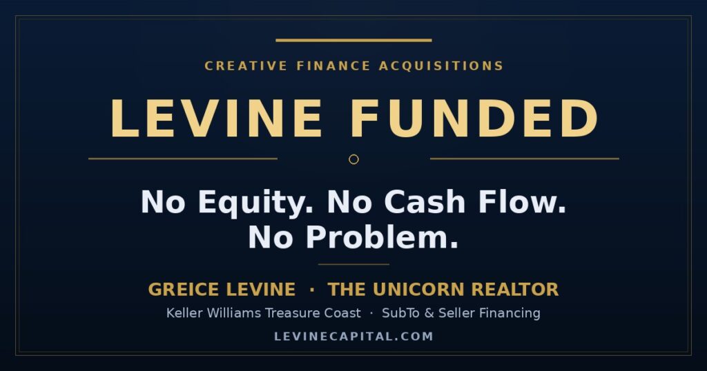 LEVINE FUNDED branded card reading No Equity, No Cash Flow, No Problem, featuring Greice Levine, the Unicorn Realtor at Keller Williams Treasure Coast